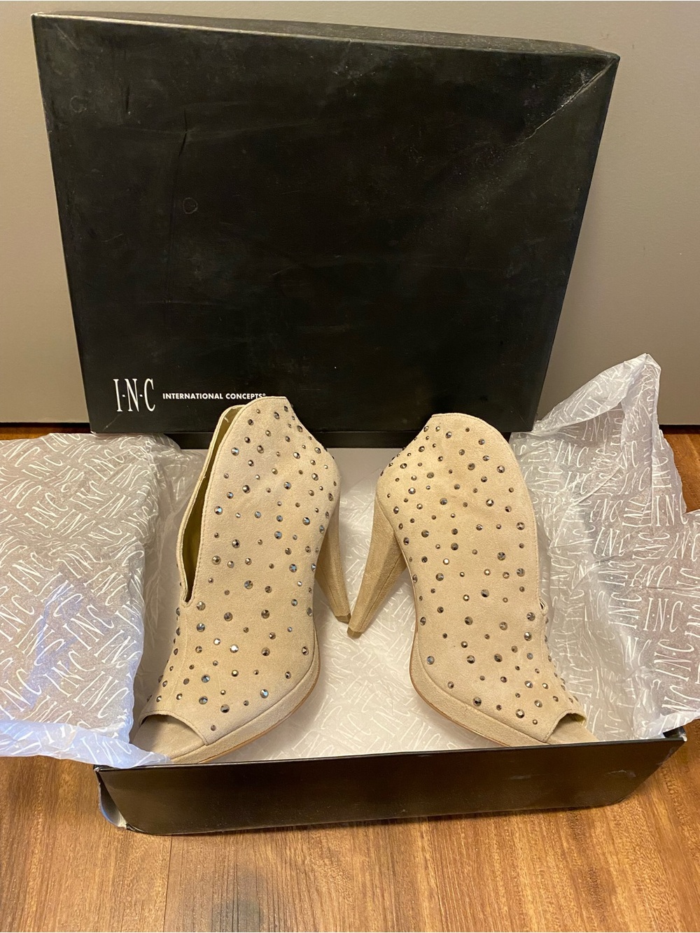 MIA Beige Suede Studded Peep-Toe Heeled Booties